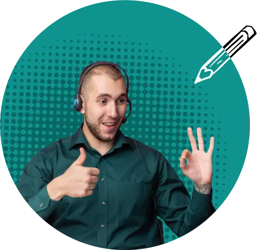 A man in a green shirt is wearing headphones. He has his thumb up on one hand
and his other hand is making an ok gesture. He is shown in a green circle with small dots
inside. There is a clipart image of a pencil coming out of the circle.